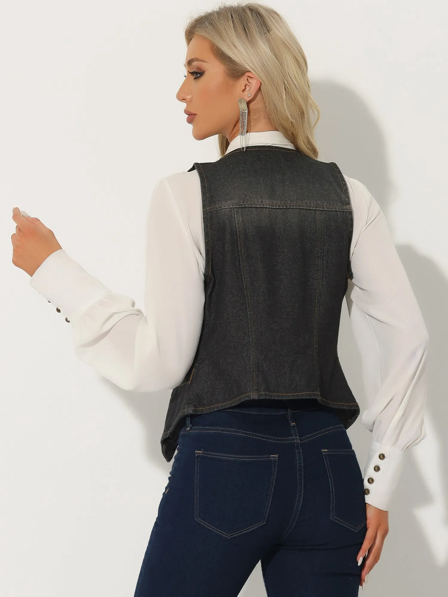 Denim Vest Sleeveless Collarless Washed Distressed Jean Jacket
