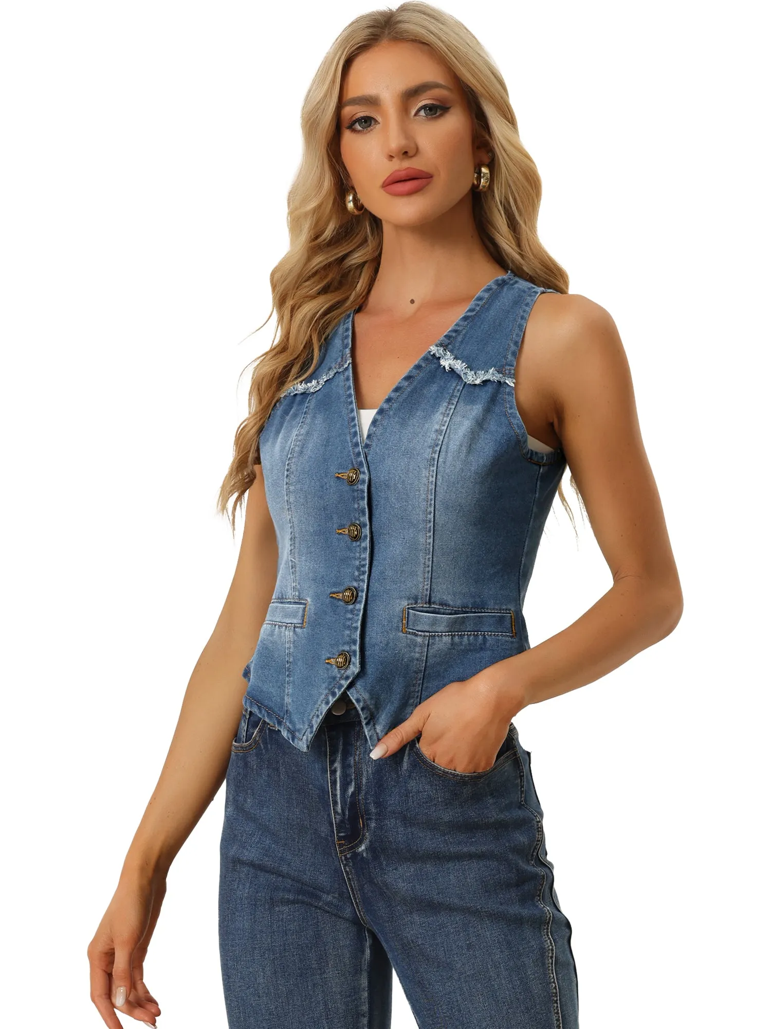 Denim Vest Sleeveless Collarless Washed Distressed Jean Jacket