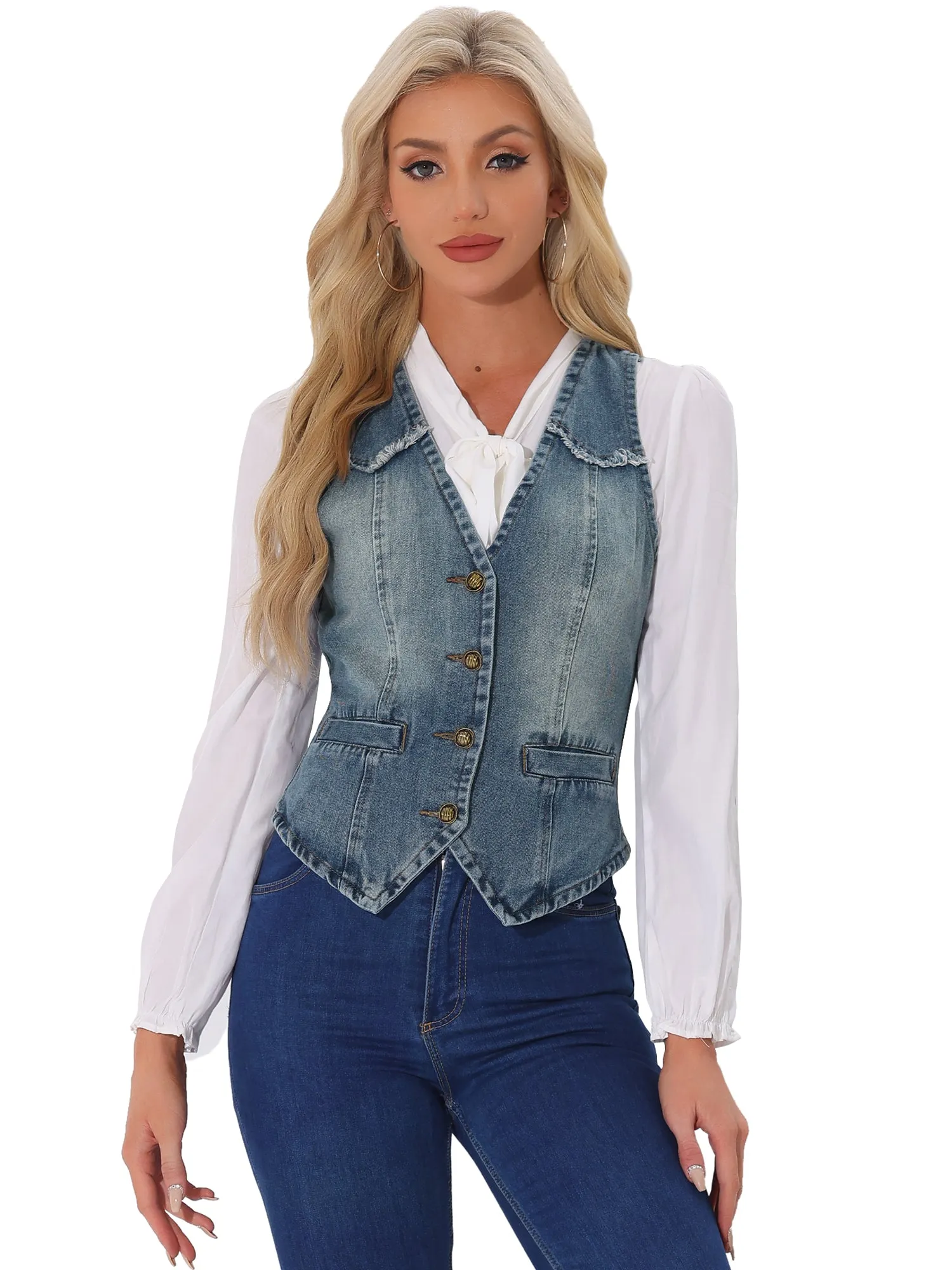 Denim Vest Sleeveless Collarless Washed Distressed Jean Jacket