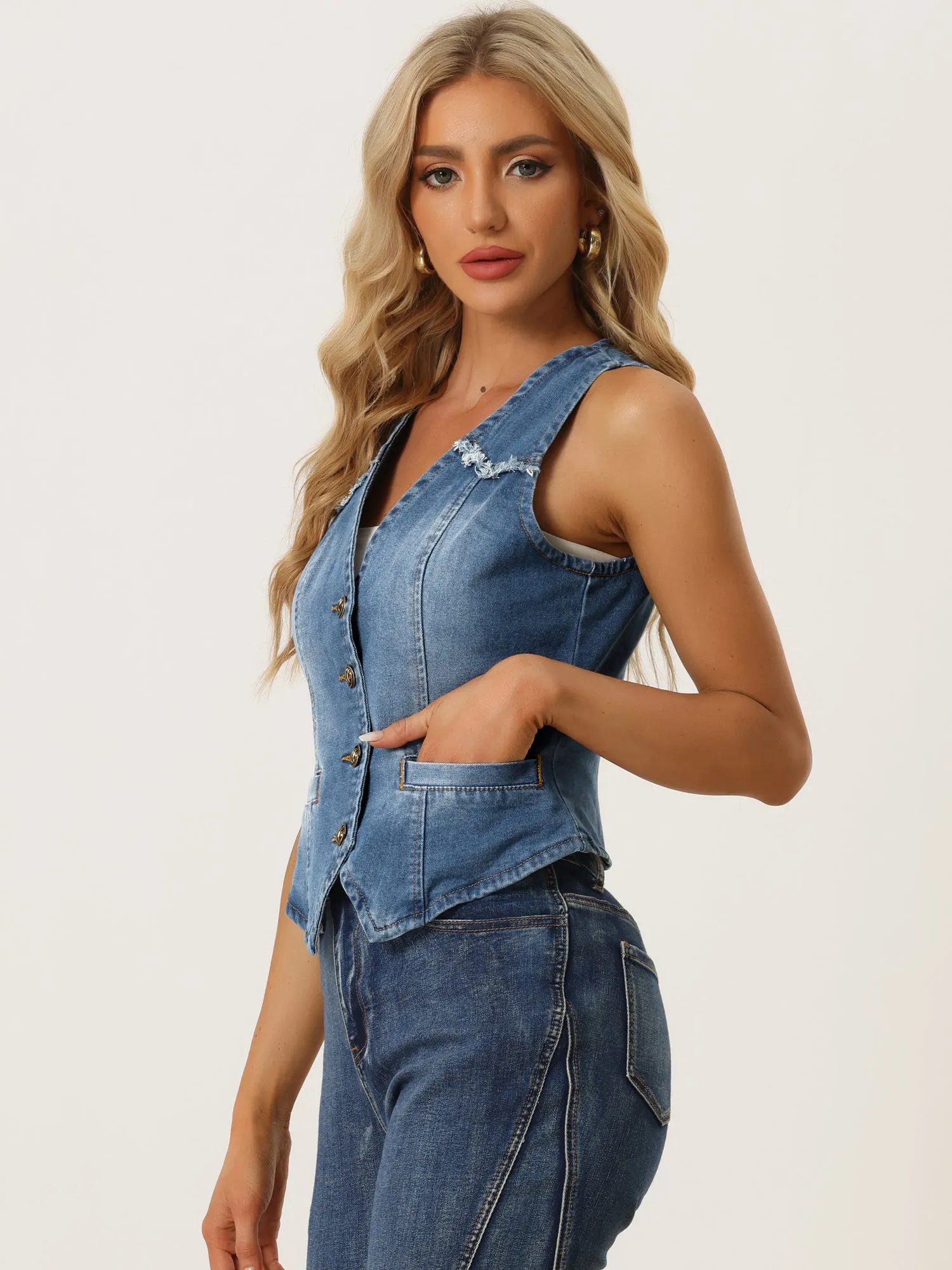Denim Vest Sleeveless Collarless Washed Distressed Jean Jacket