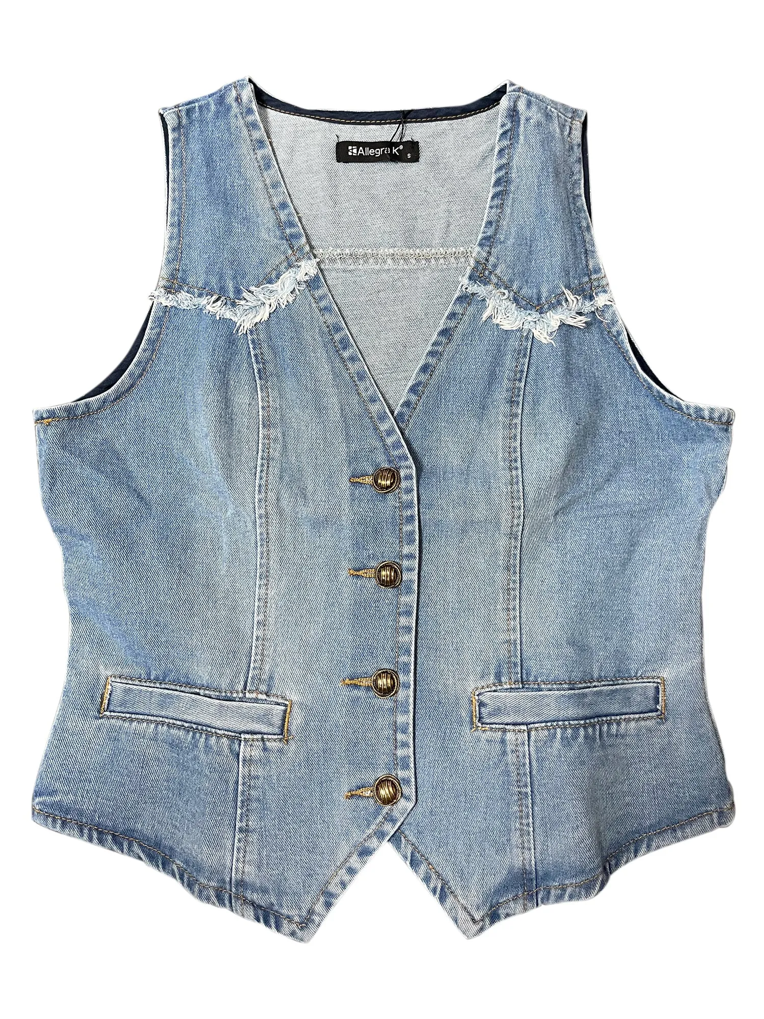 Denim Vest Sleeveless Collarless Washed Distressed Jean Jacket
