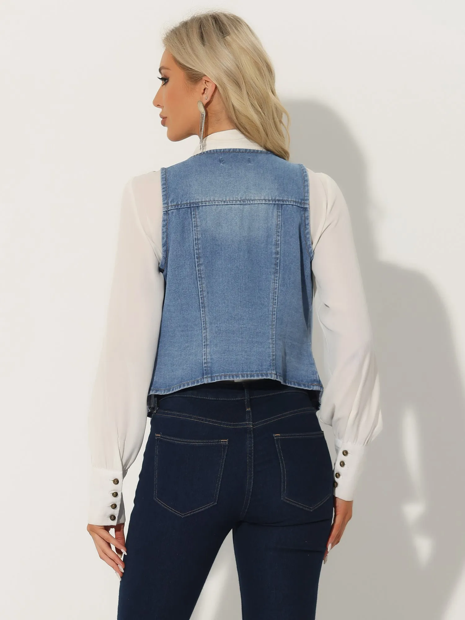 Denim Vest Sleeveless Collarless Washed Distressed Jean Jacket