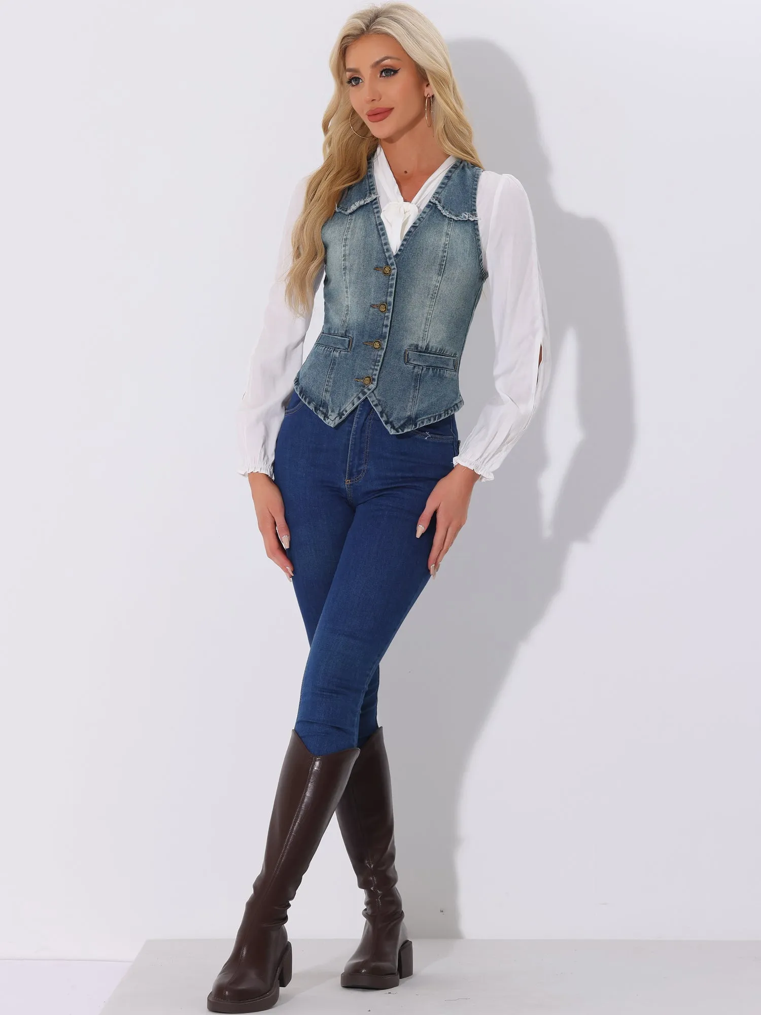 Denim Vest Sleeveless Collarless Washed Distressed Jean Jacket
