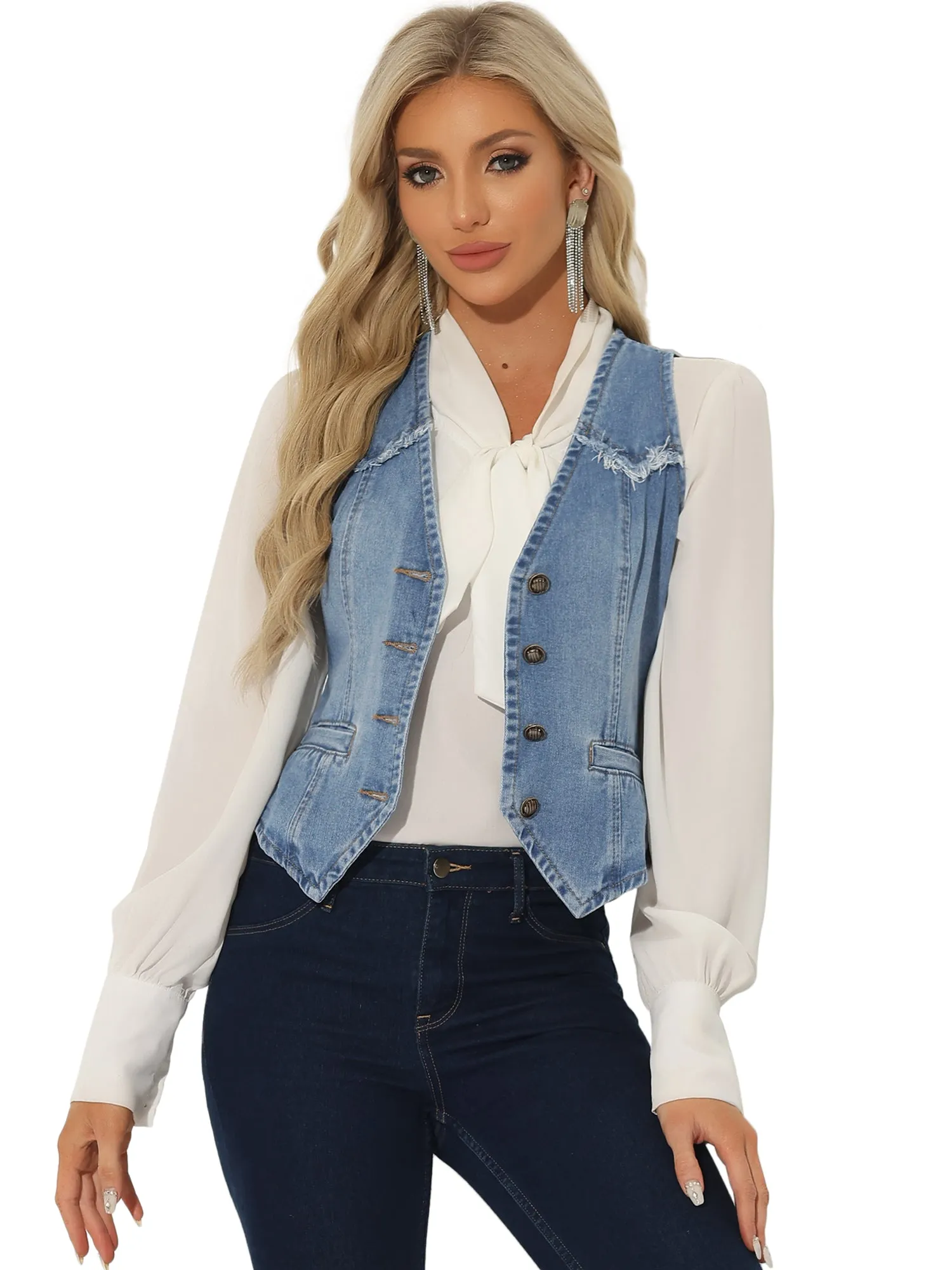 Denim Vest Sleeveless Collarless Washed Distressed Jean Jacket