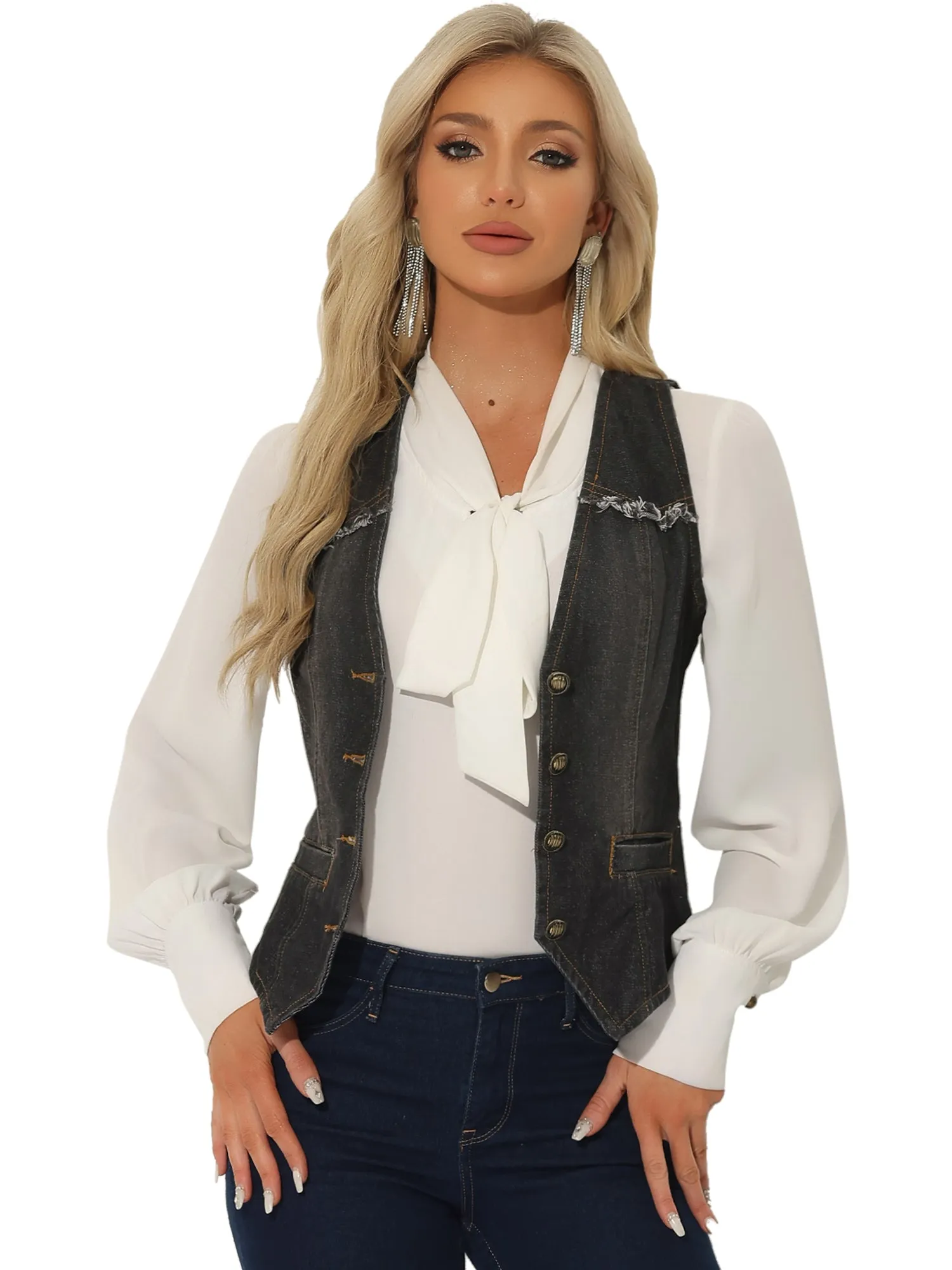 Denim Vest Sleeveless Collarless Washed Distressed Jean Jacket