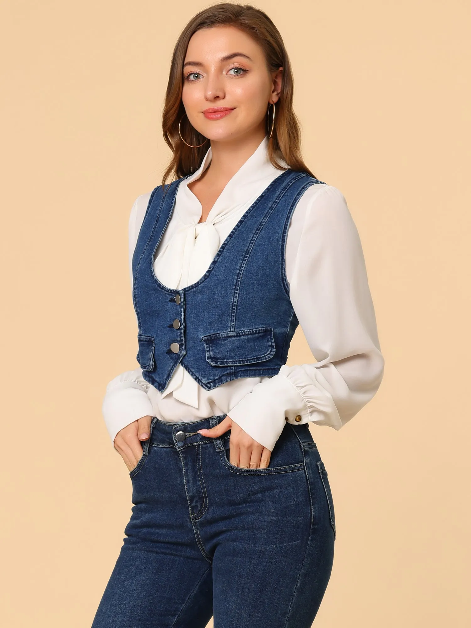 Denim Vintage Button Up Sleeveless Crop Jean Waistcoat Vest