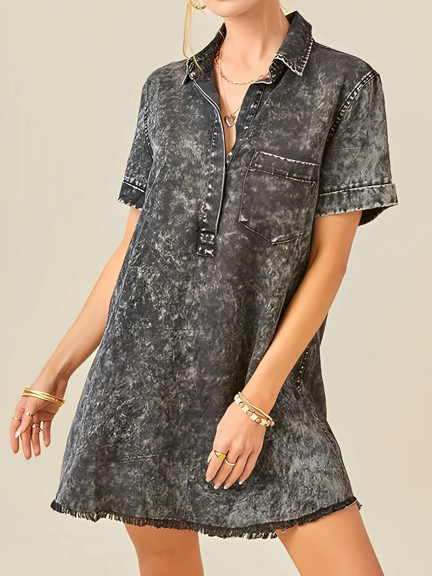 Denim Washed Collared Short Sleeve Mini Dress