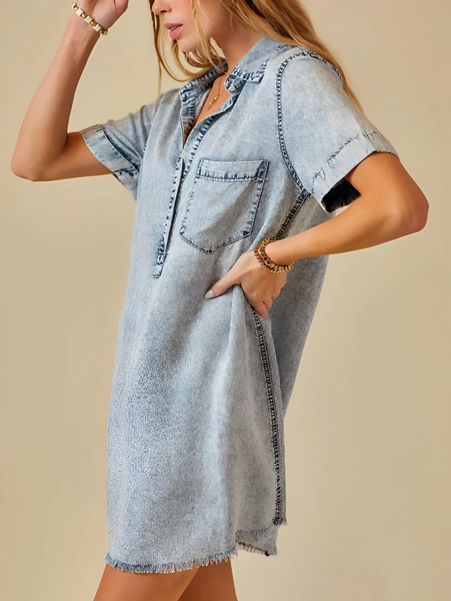 Denim Washed Collared Short Sleeve Mini Dress