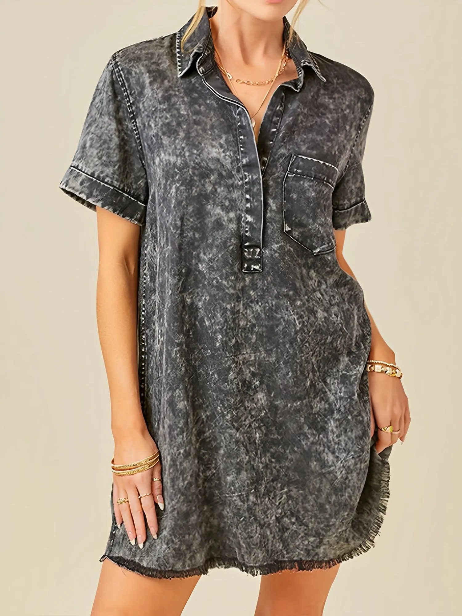 Denim Washed Collared Short Sleeve Mini Dress