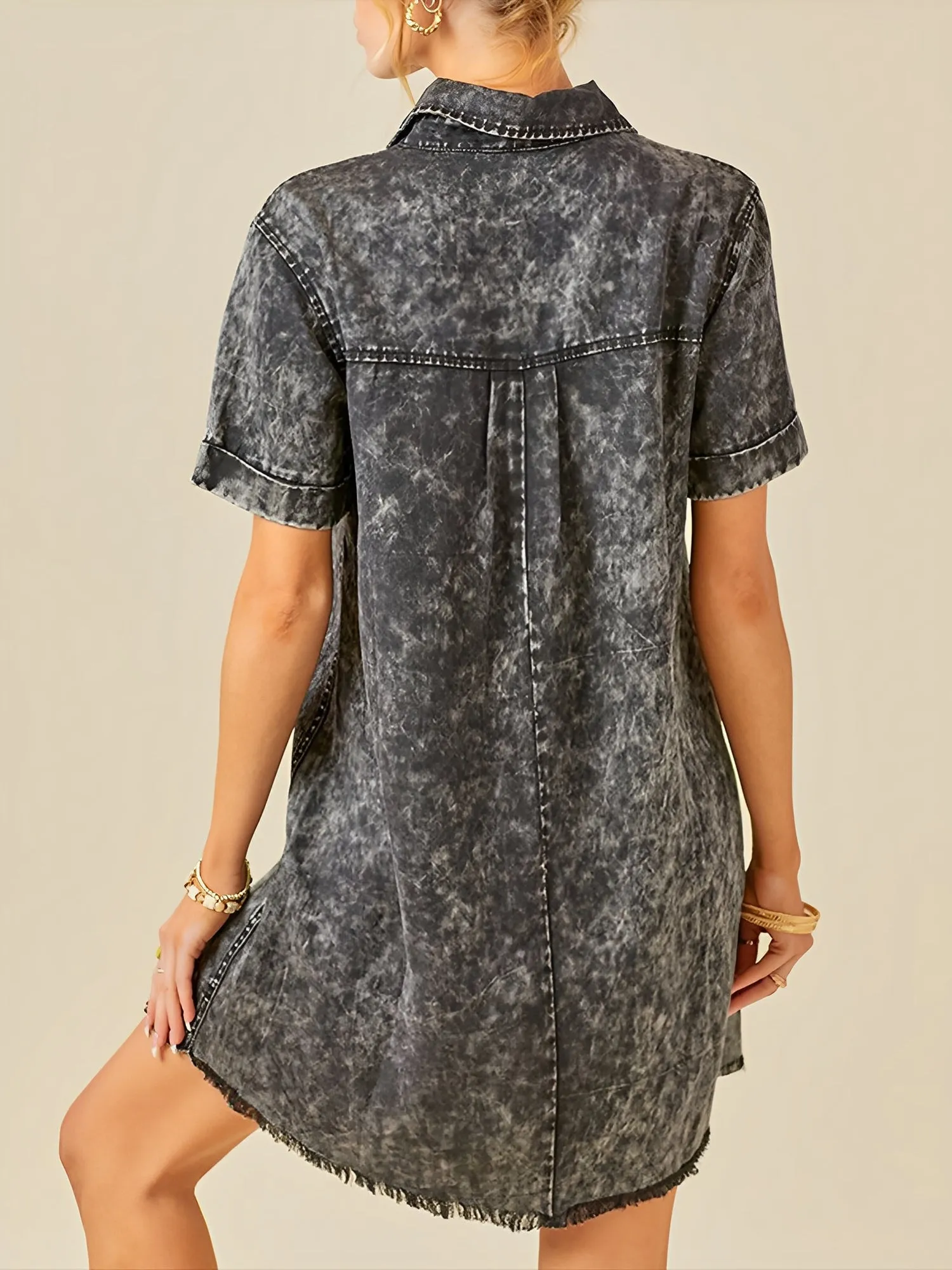 Denim Washed Collared Short Sleeve Mini Dress