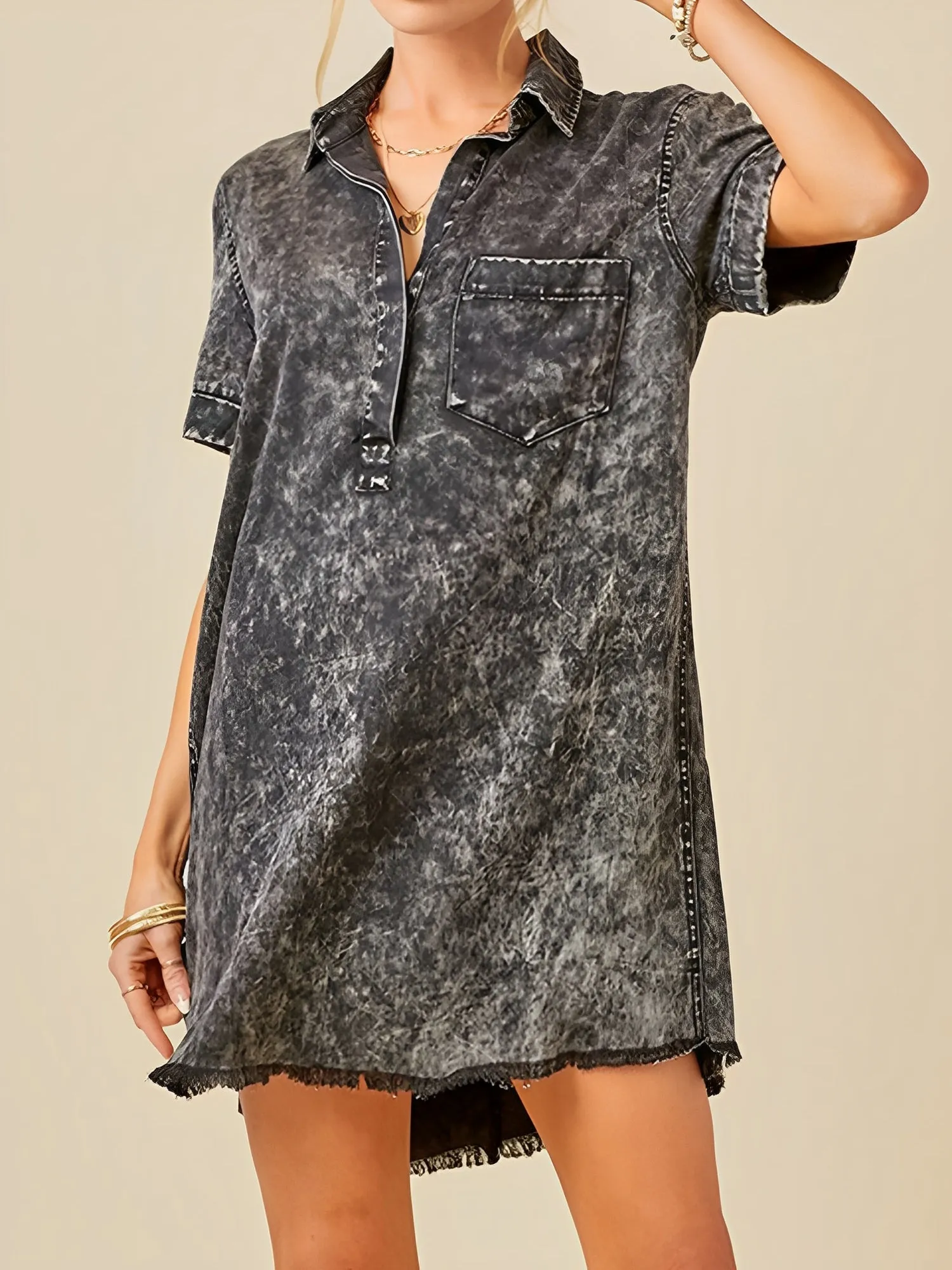 Denim Washed Collared Short Sleeve Mini Dress