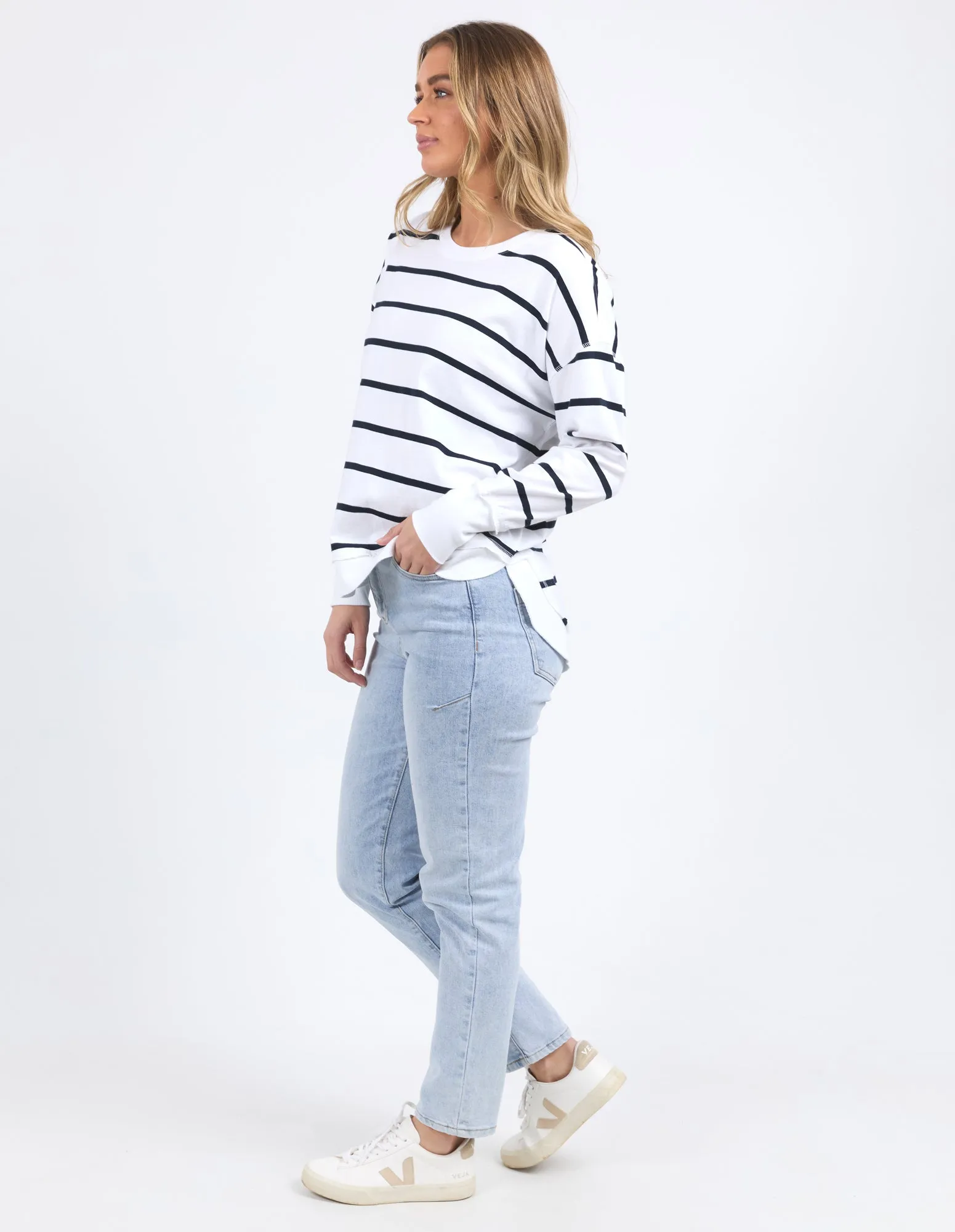 Foxwood Farrah Stripe Long Sleeve White/Navy Stripe