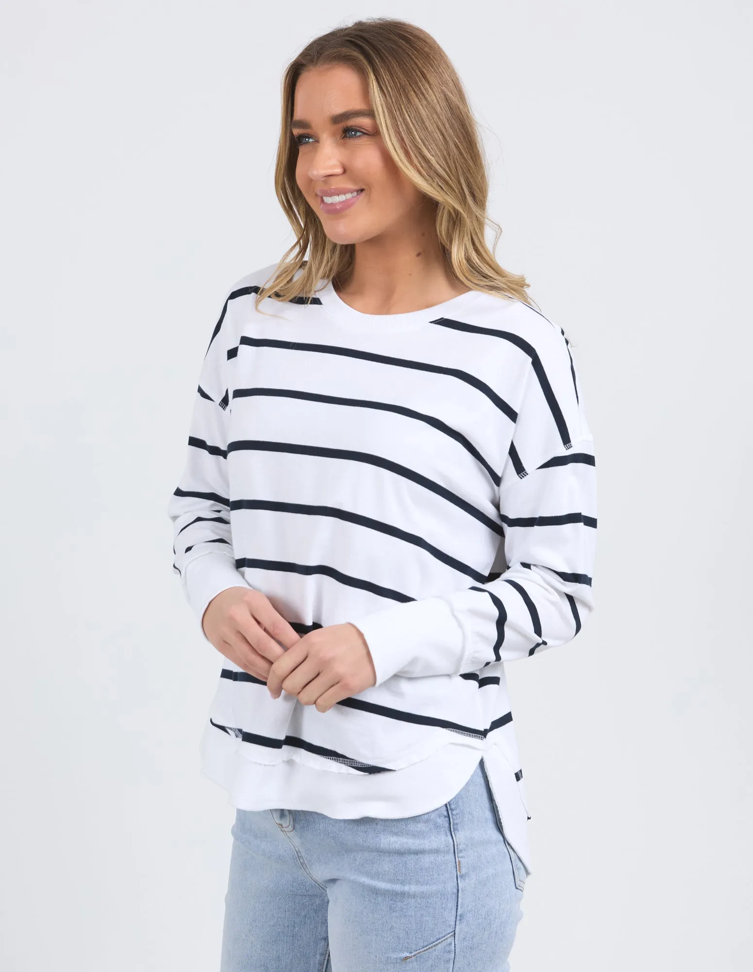 Foxwood Farrah Stripe Long Sleeve White/Navy Stripe