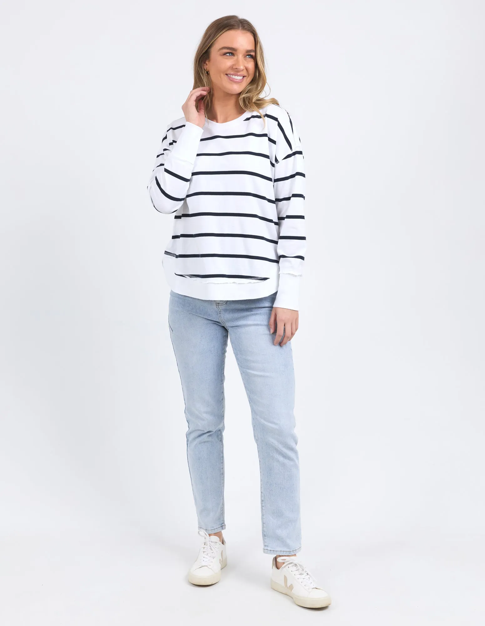 Foxwood Farrah Stripe Long Sleeve White/Navy Stripe