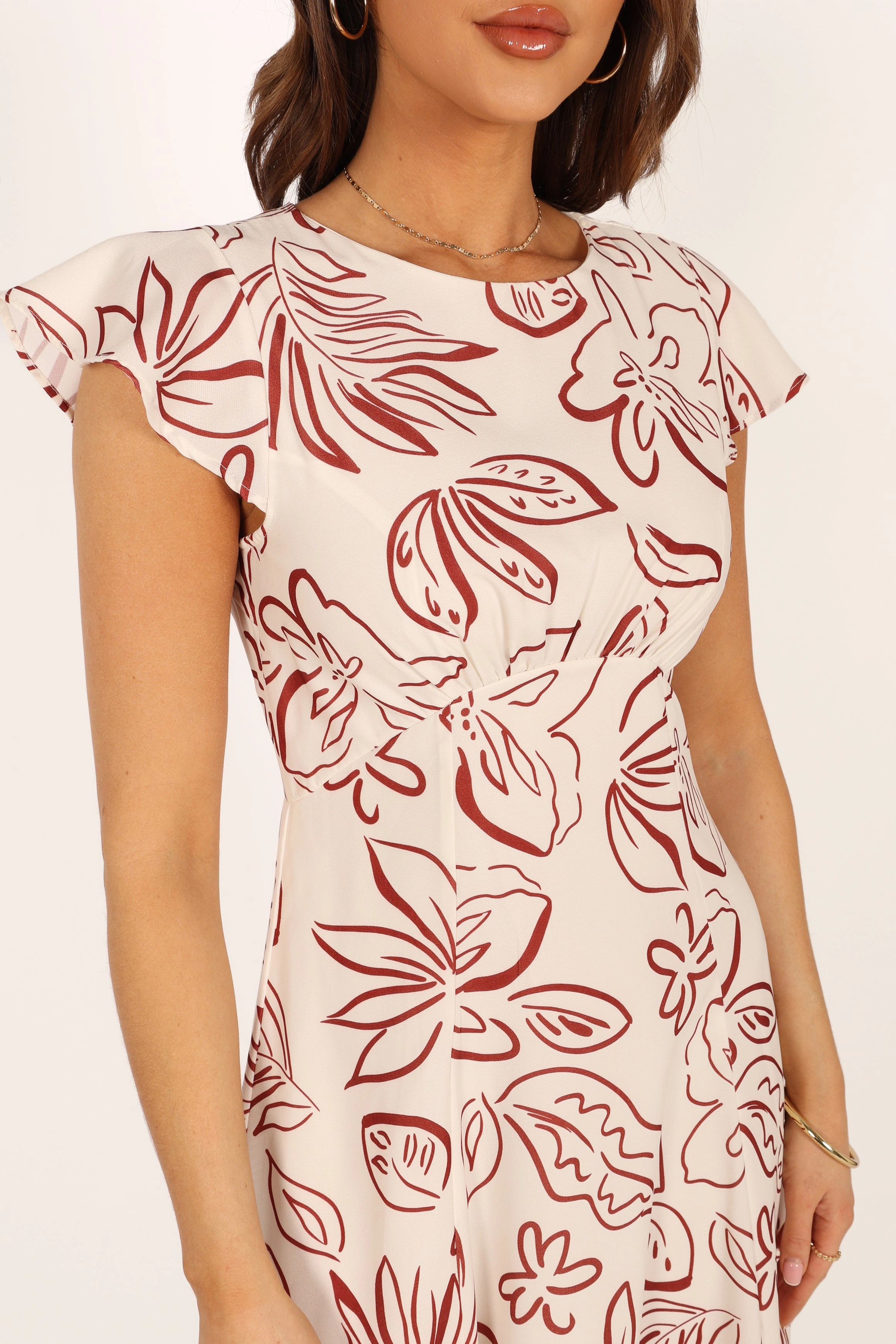 Gene Midi Dress - White Brown Floral