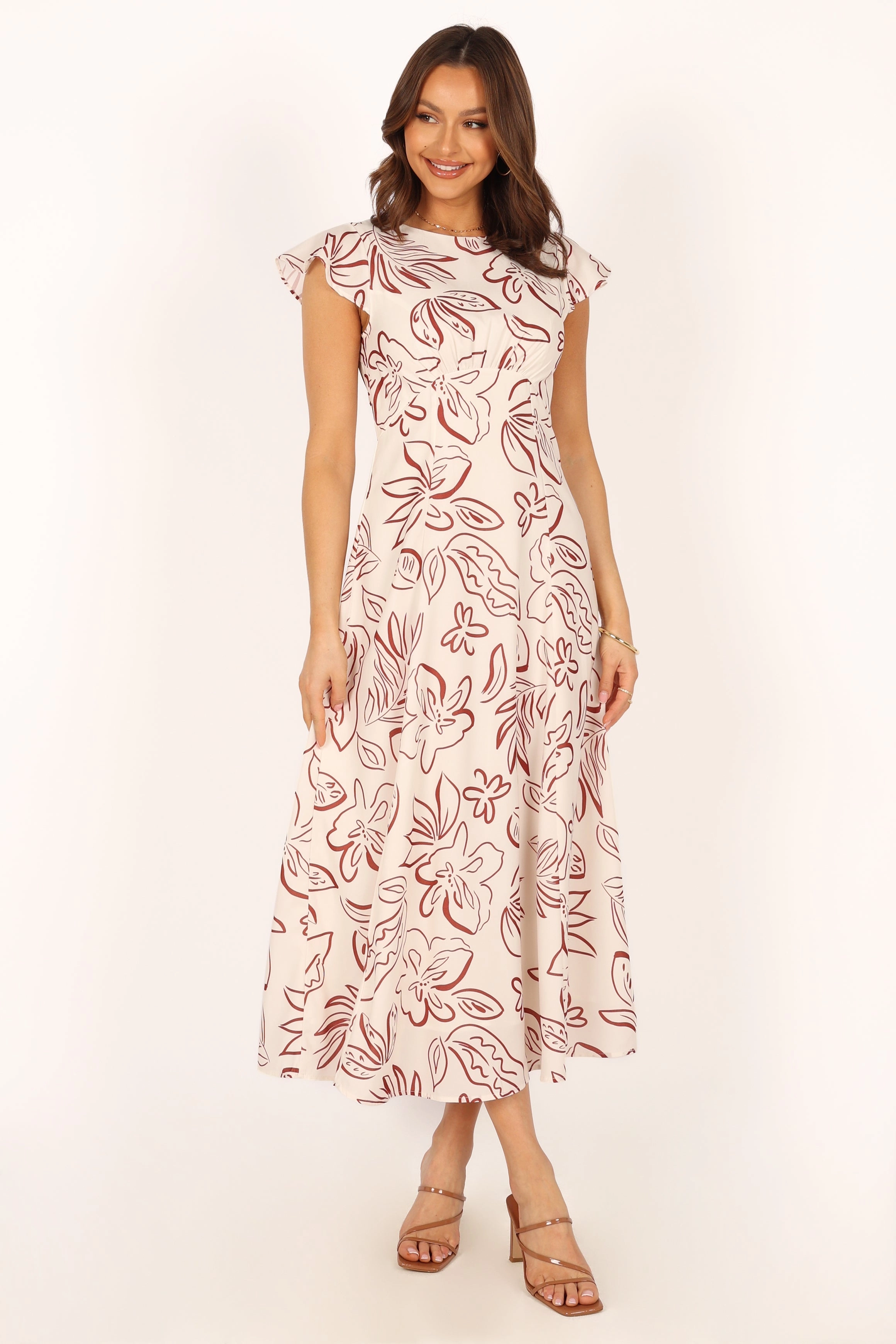 Gene Midi Dress - White Brown Floral