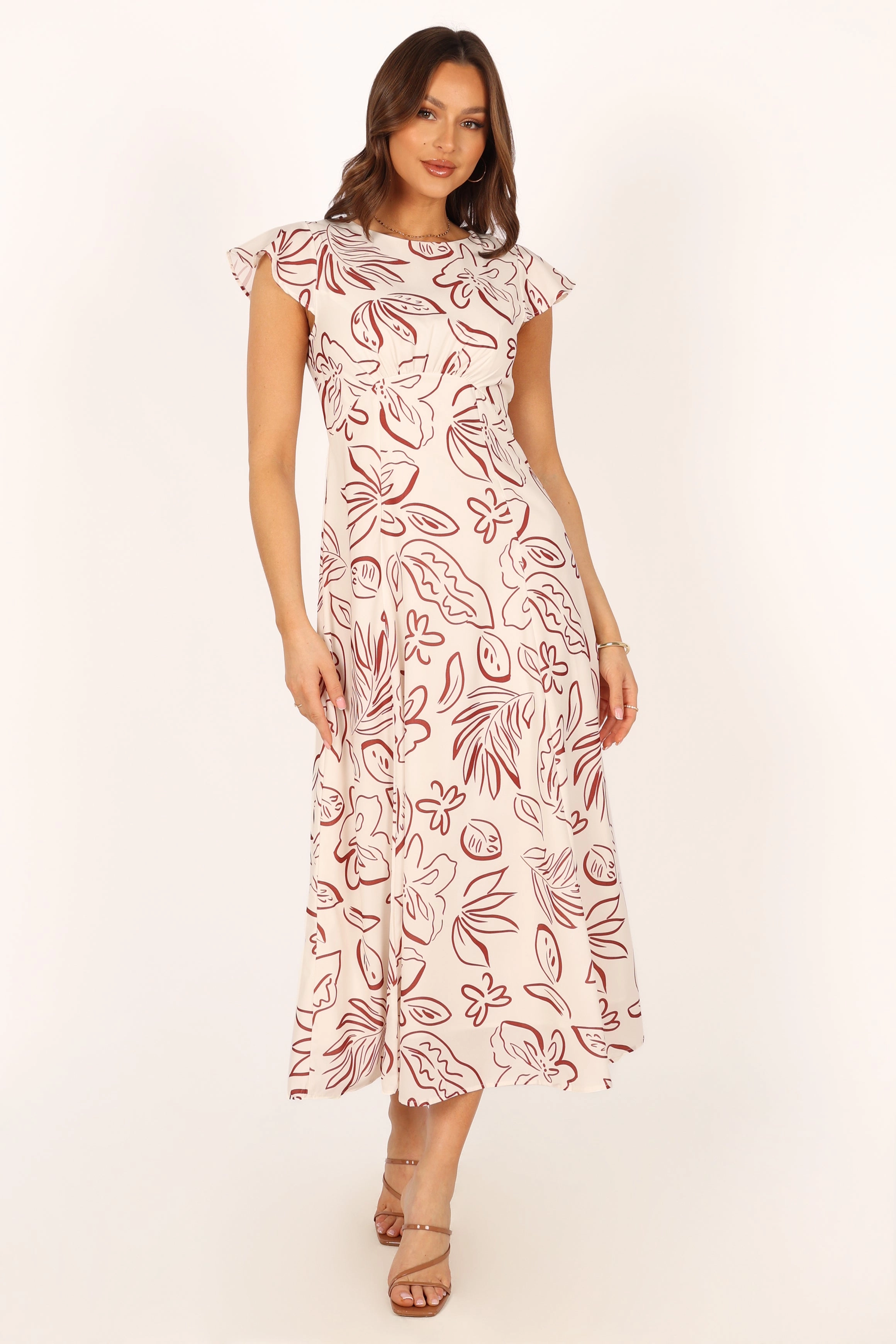Gene Midi Dress - White Brown Floral