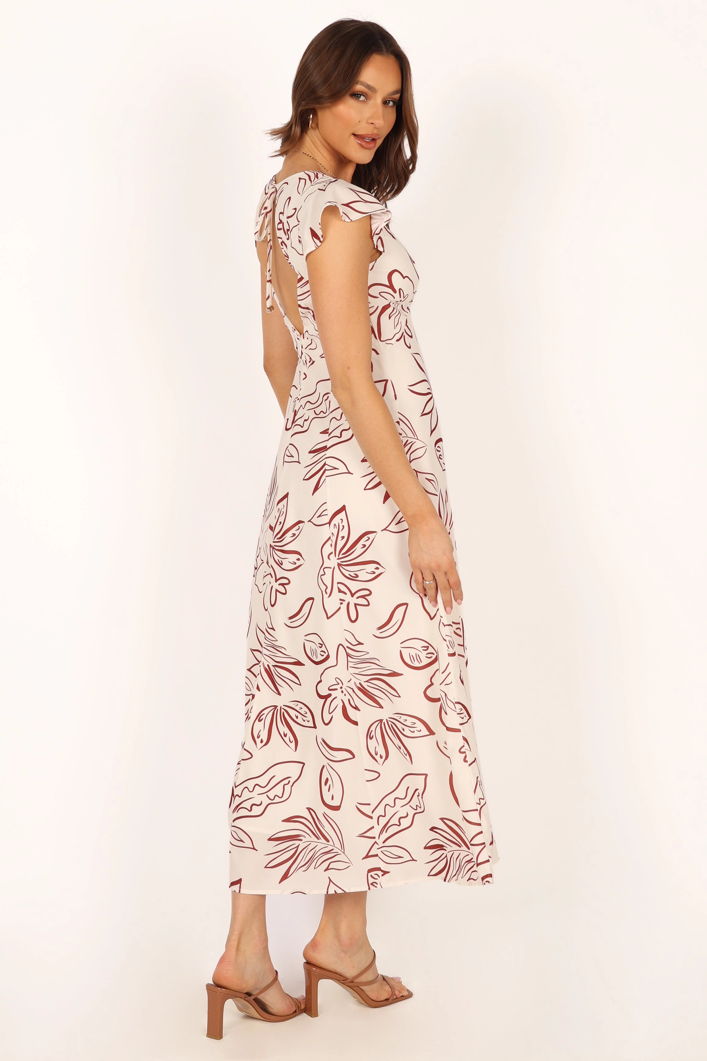 Gene Midi Dress - White Brown Floral