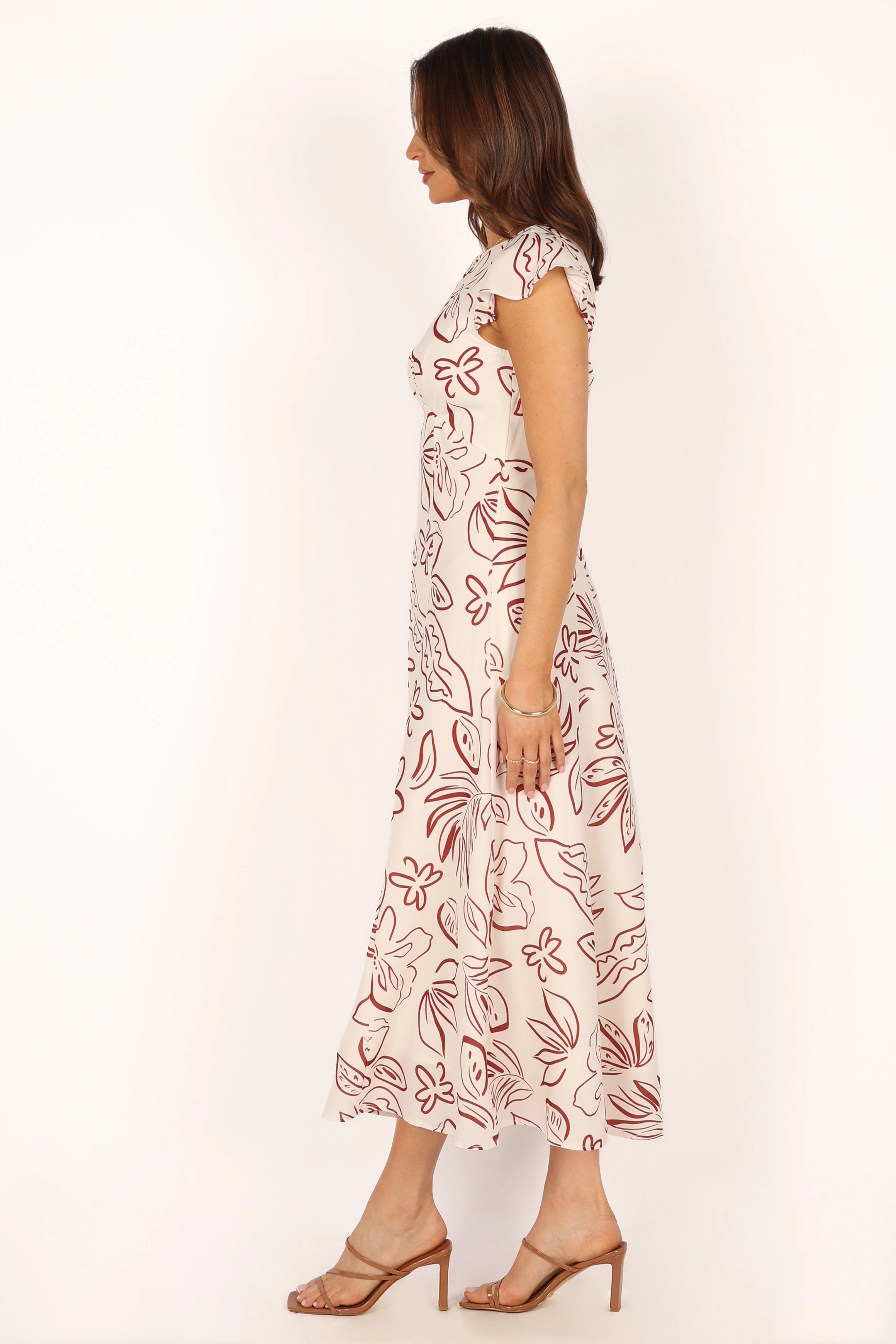 Gene Midi Dress - White Brown Floral
