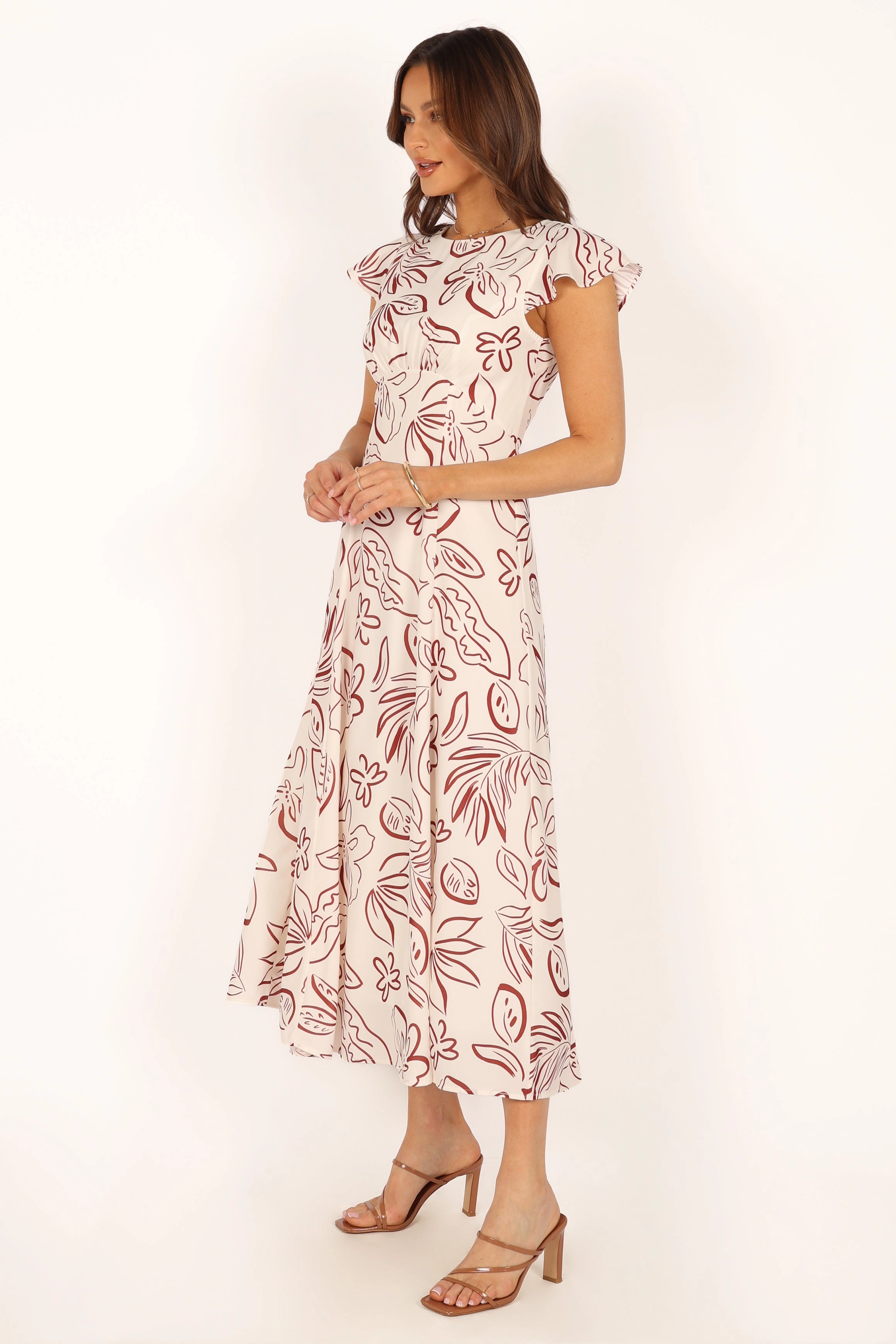 Gene Midi Dress - White Brown Floral
