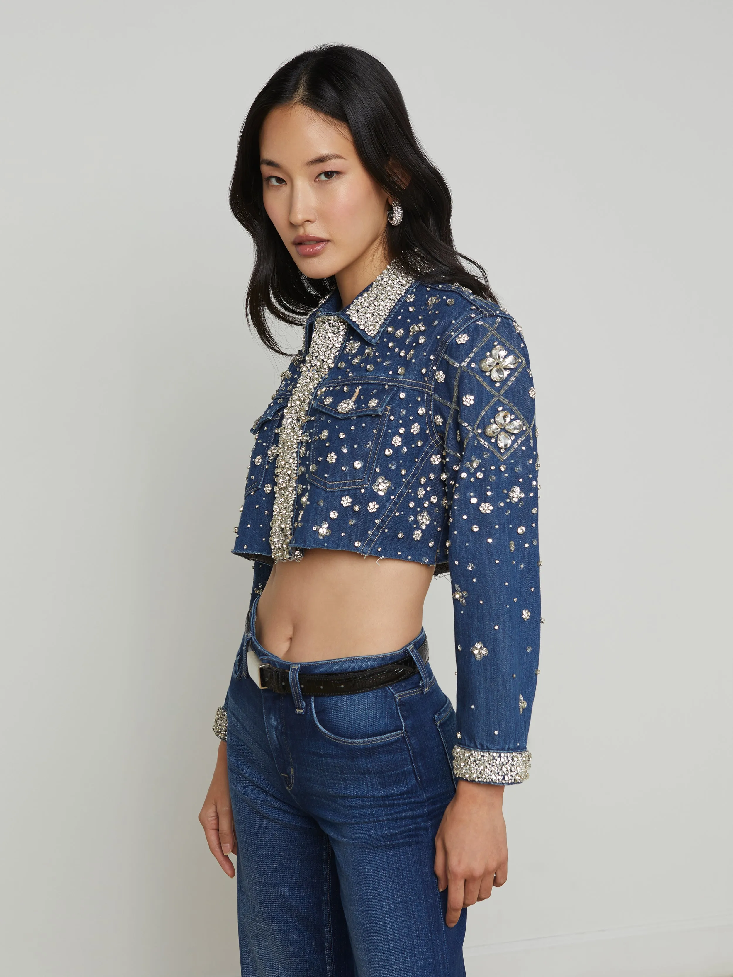 Genevie Embellished Cropped Denim Jacket