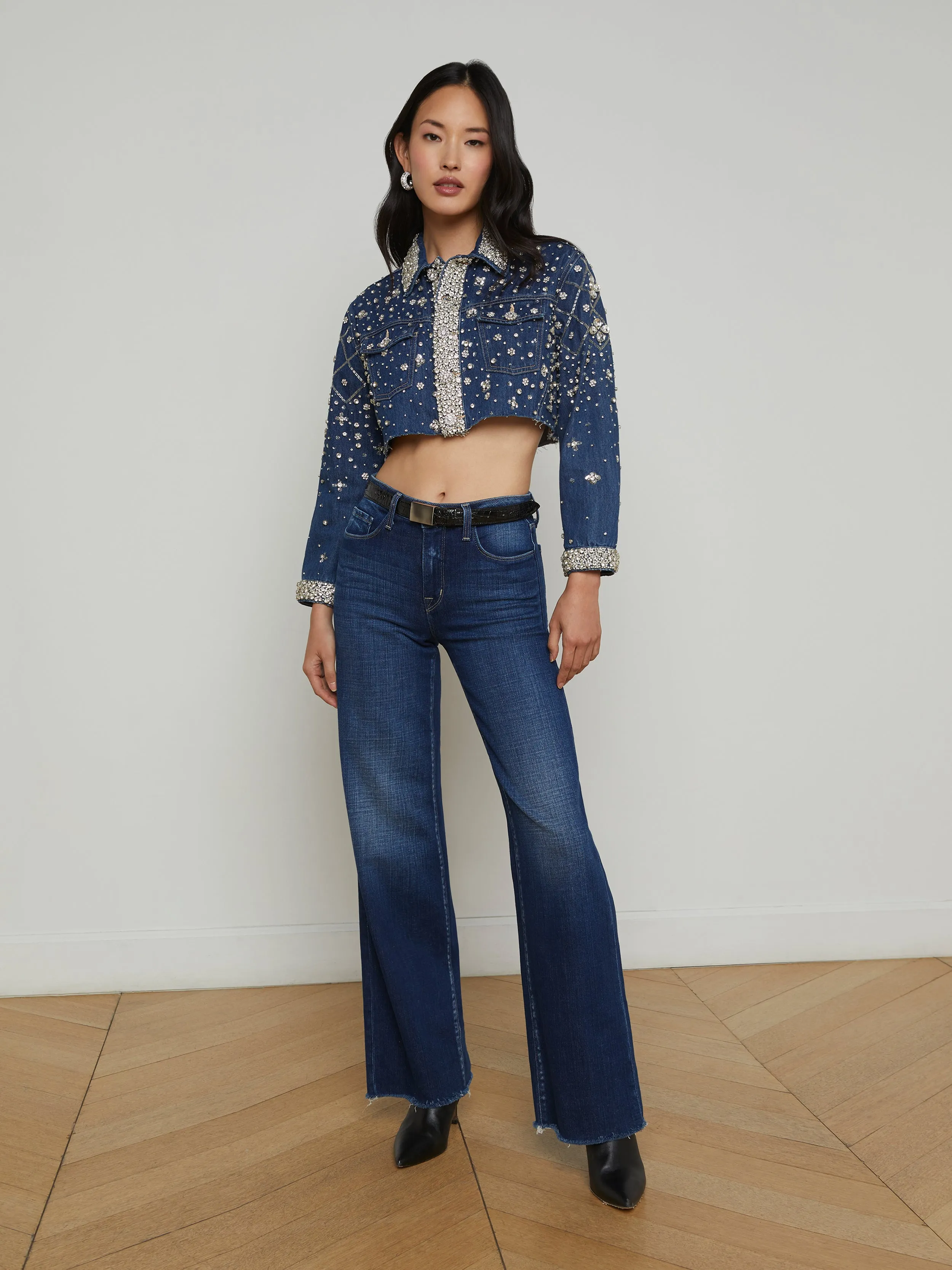 Genevie Embellished Cropped Denim Jacket