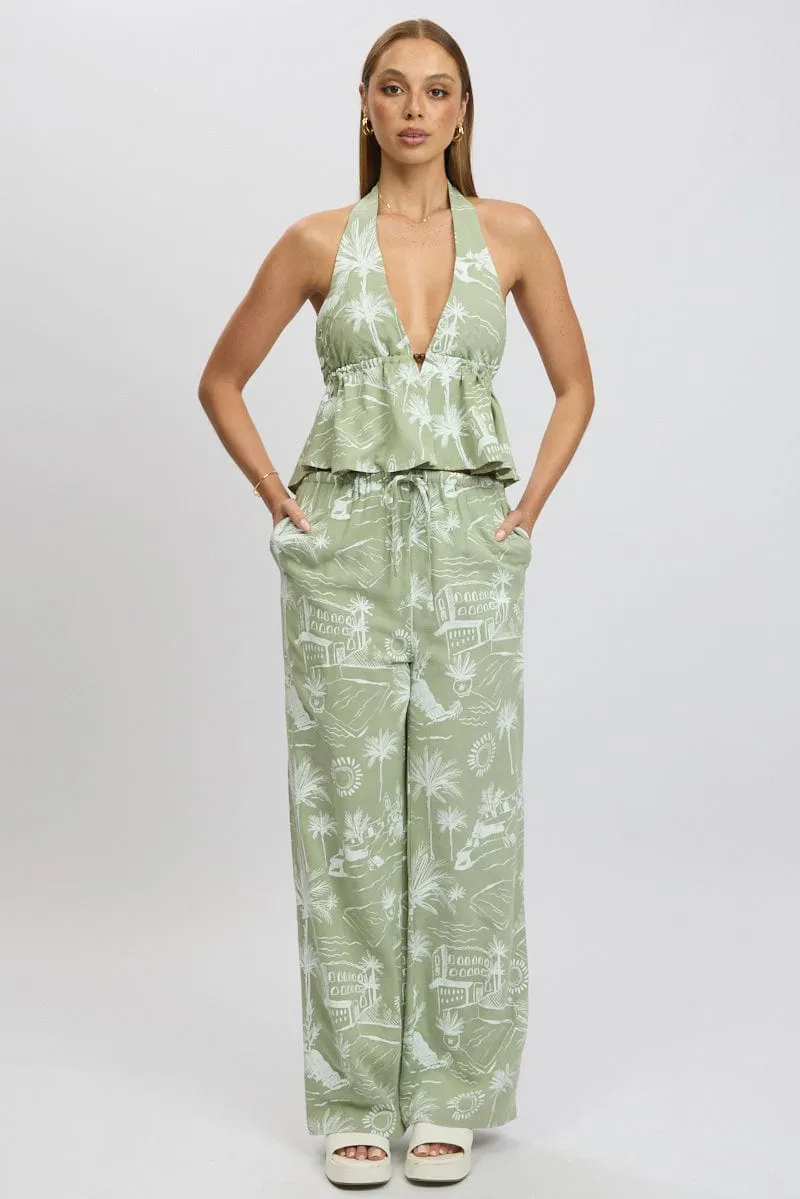 Green Abstract Halter Top Sleeveless