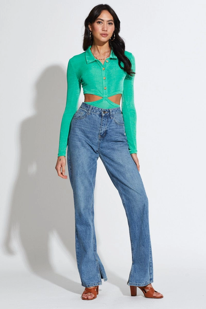 Green Bodysuit Top Long Sleeve