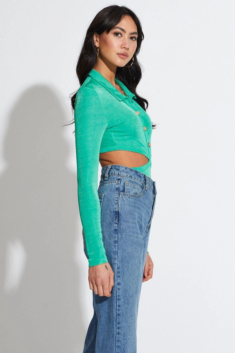 Green Bodysuit Top Long Sleeve