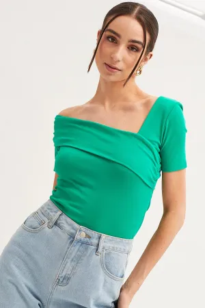 Green Top Short Sleeve Asymmetric Neckline Cotton Jersey