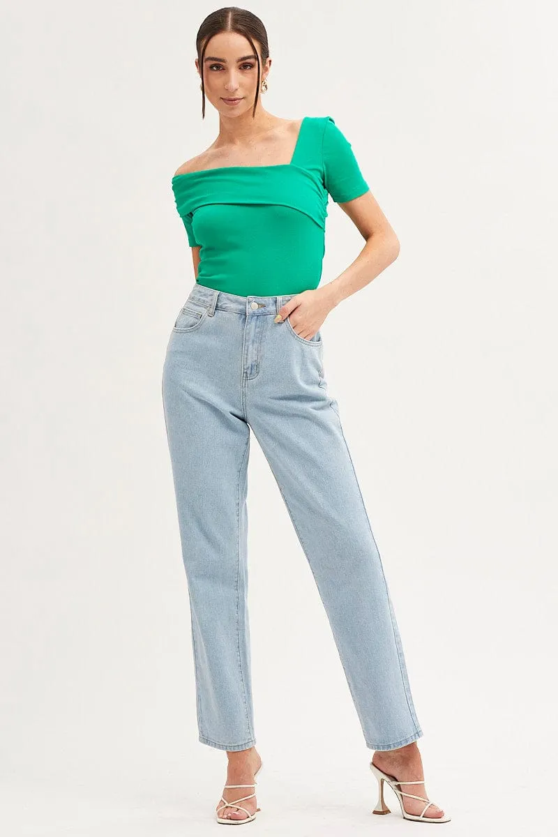 Green Top Short Sleeve Asymmetric Neckline Cotton Jersey