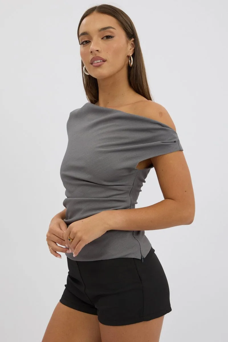 Grey Ruched Off Shoulder Top