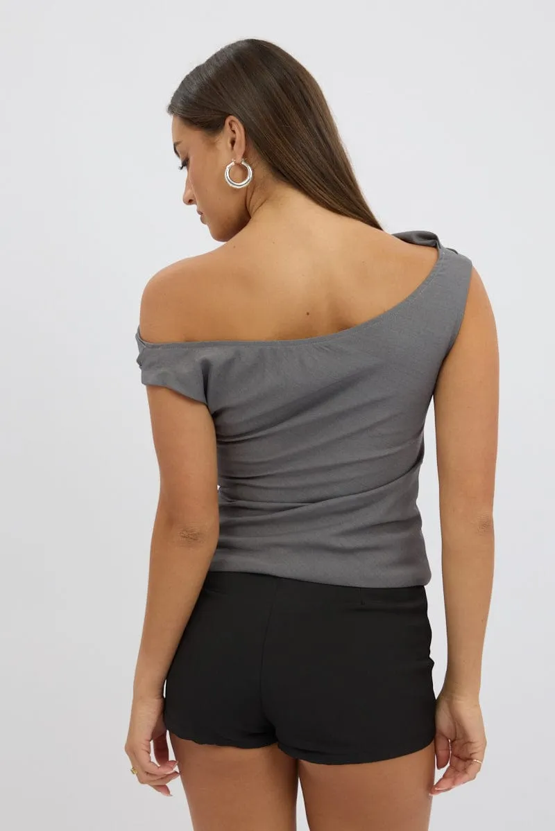 Grey Ruched Off Shoulder Top