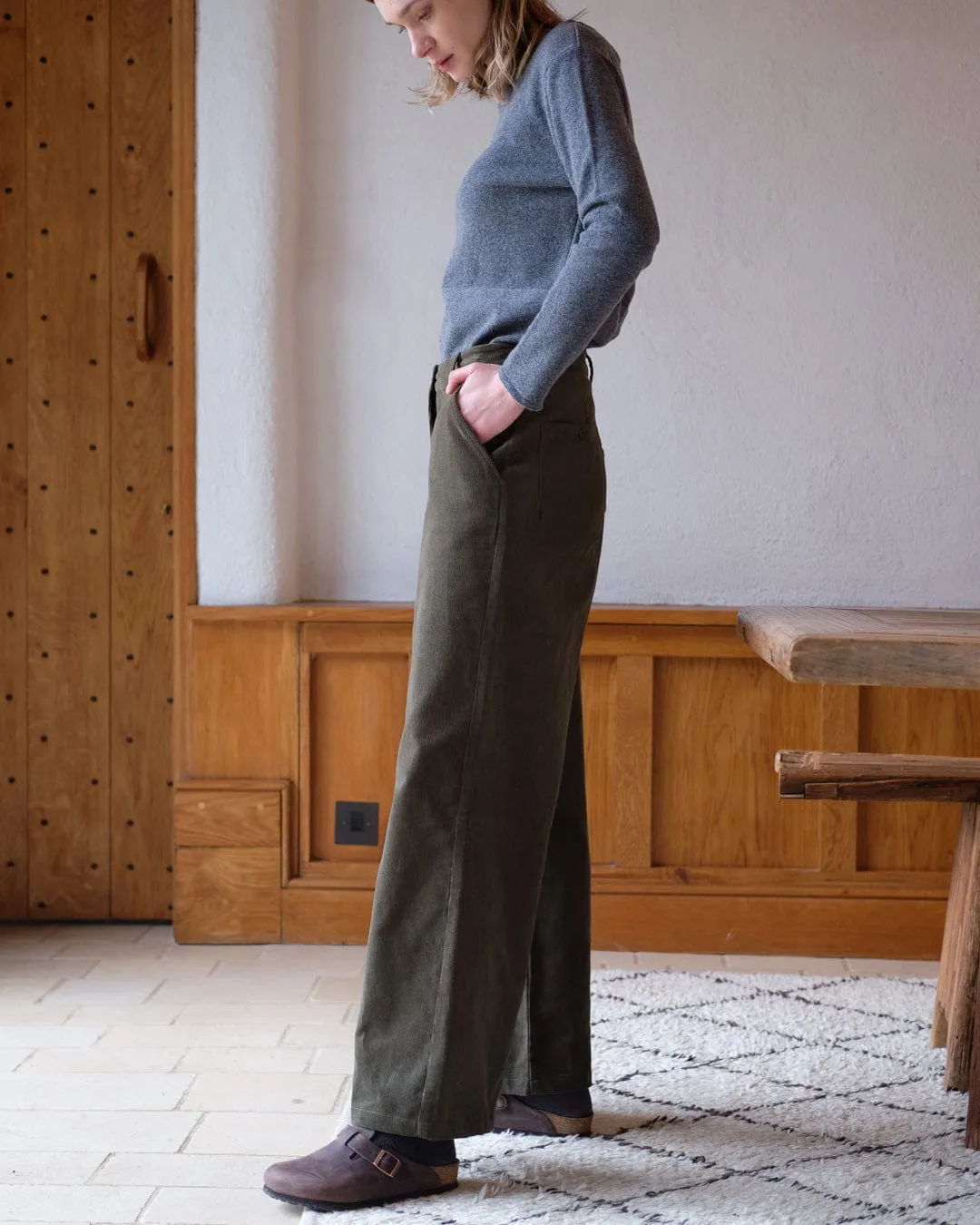 Harper Cotton Wide Leg Trousers | Olive Cord
