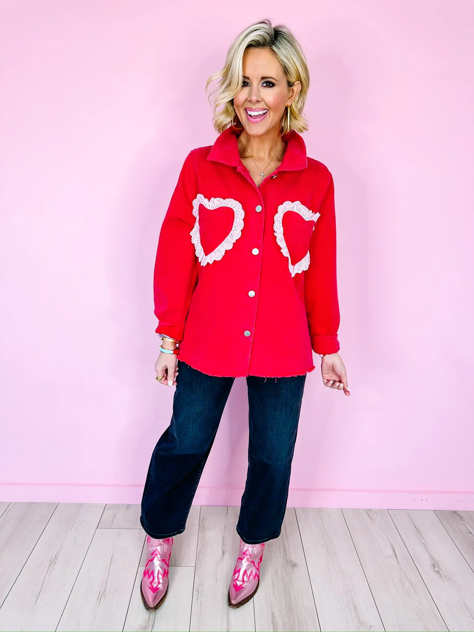 HEARTFELT LACE POCKET DENIM JACEKT - RED