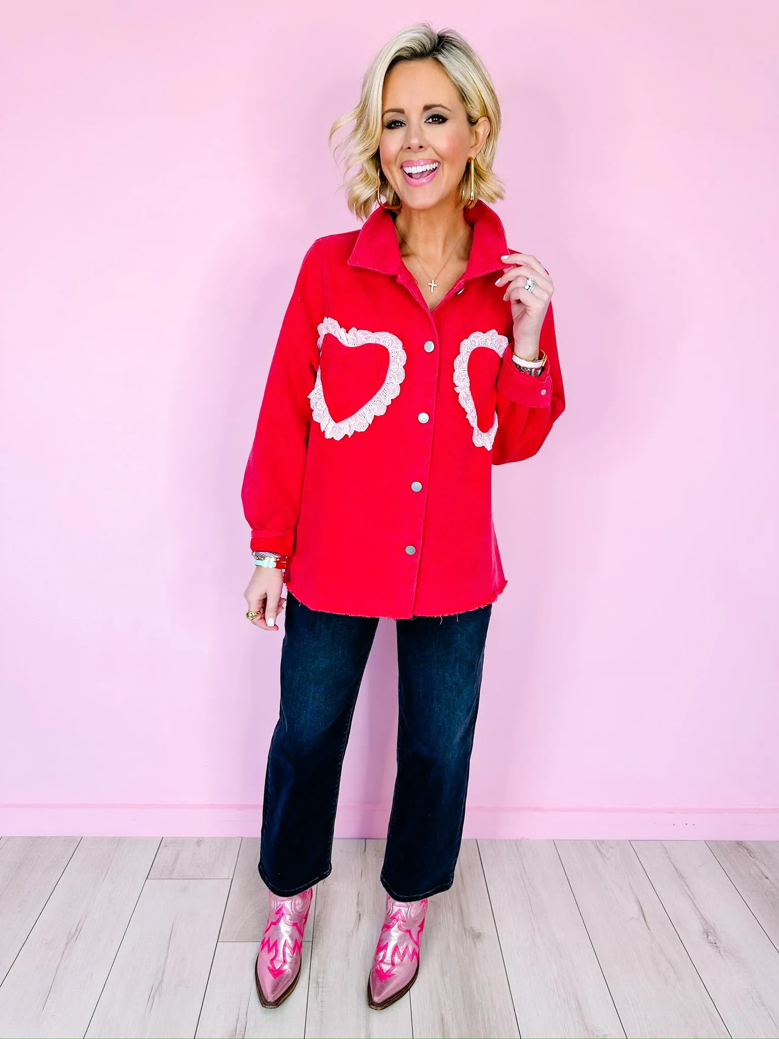 HEARTFELT LACE POCKET DENIM JACEKT - RED