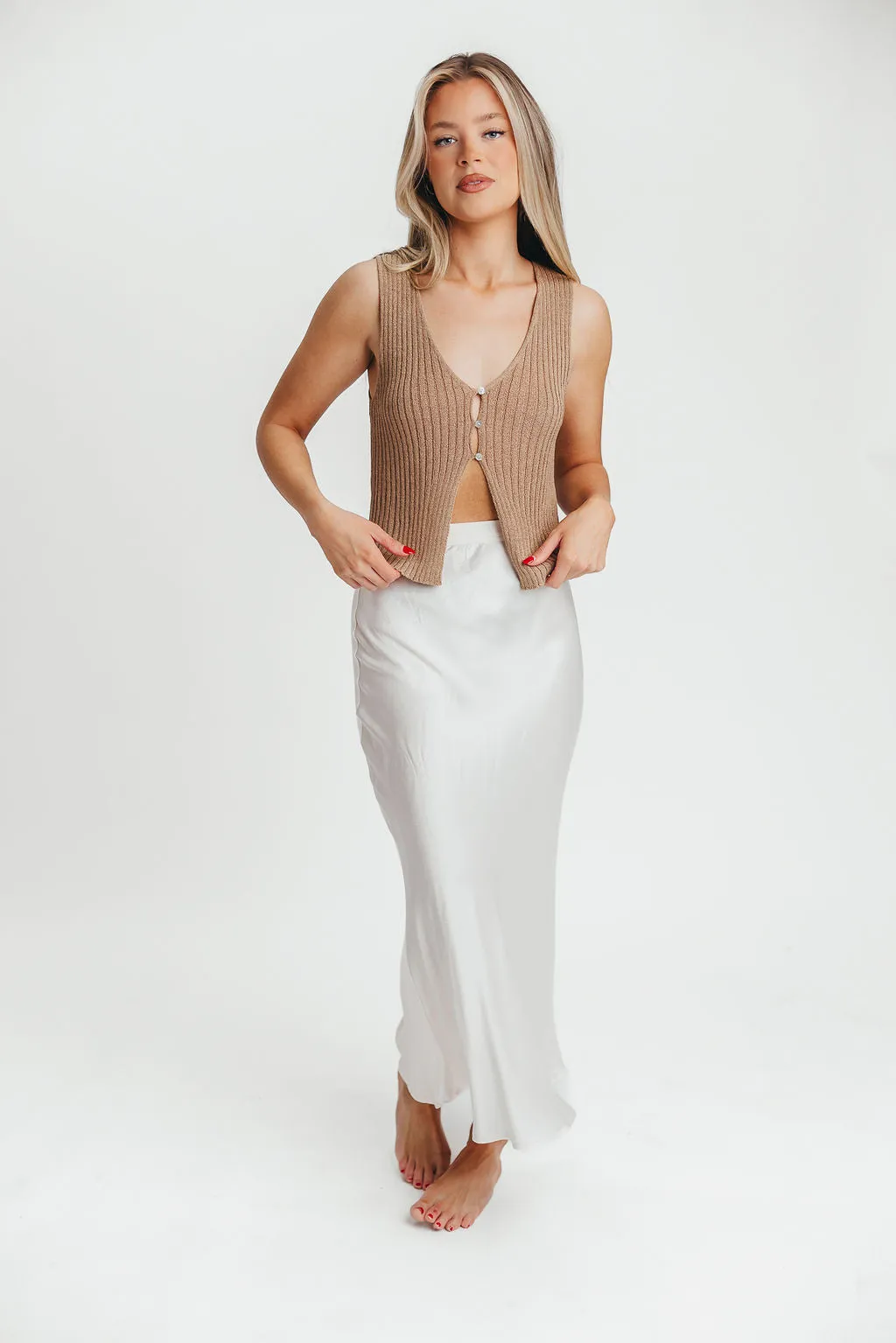 Kimberley Satin Long Midi Skirt in Champagne