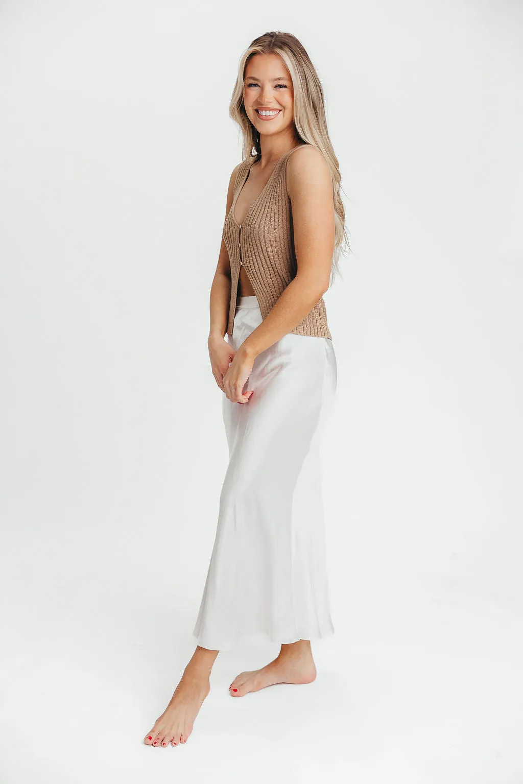 Kimberley Satin Long Midi Skirt in Champagne