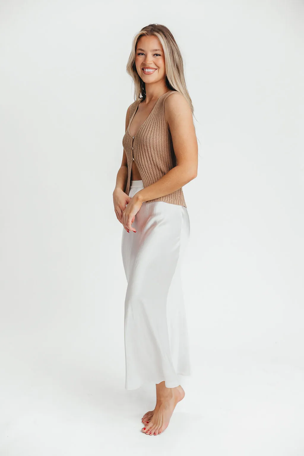 Kimberley Satin Long Midi Skirt in Champagne