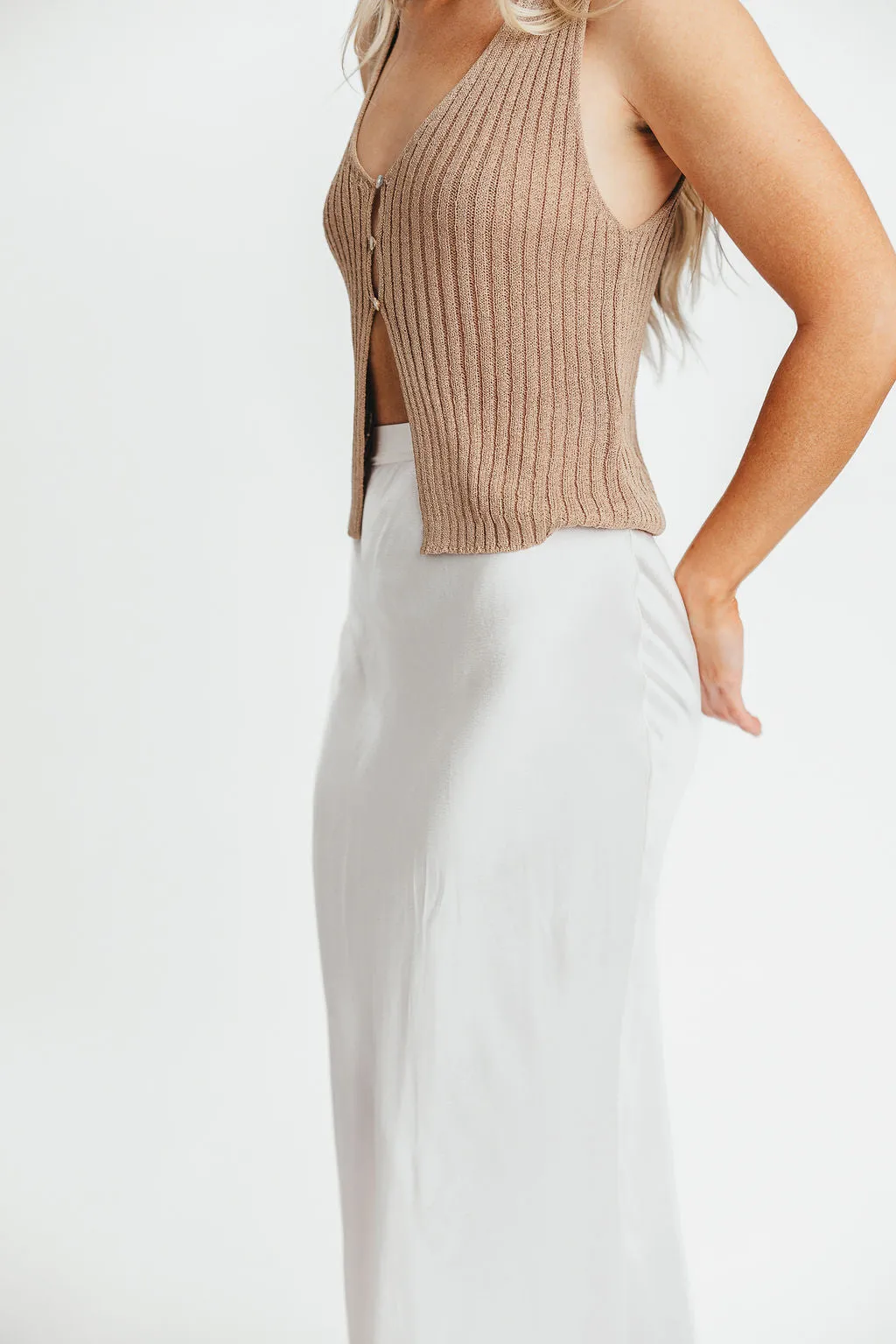 Kimberley Satin Long Midi Skirt in Champagne