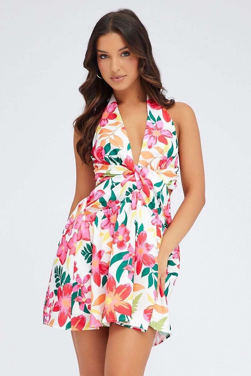 Multi Floral Halter Dress Gathered Cut Out Tie Back
