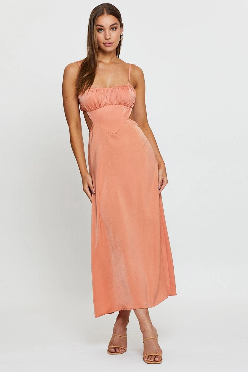 Orange Midi Dress Evening Cowl Neck