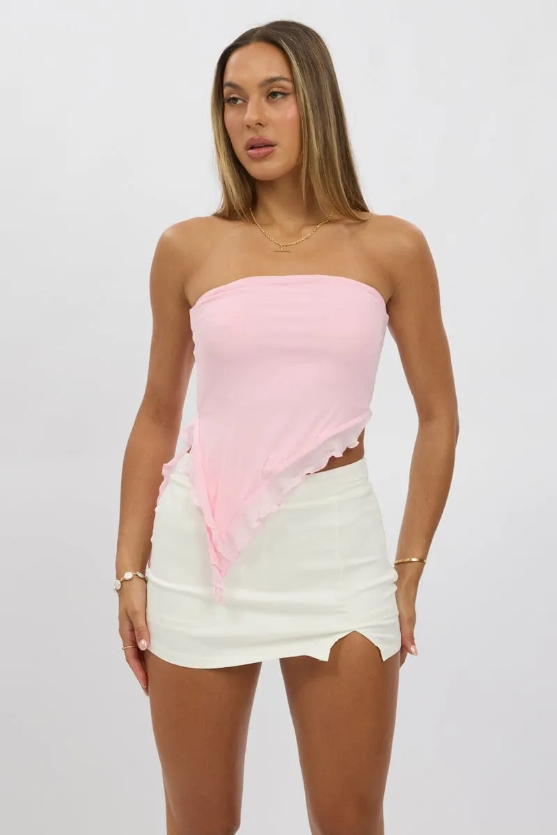 Pink Bandeau Top Asymmetrical Ruffle Hem Mesh