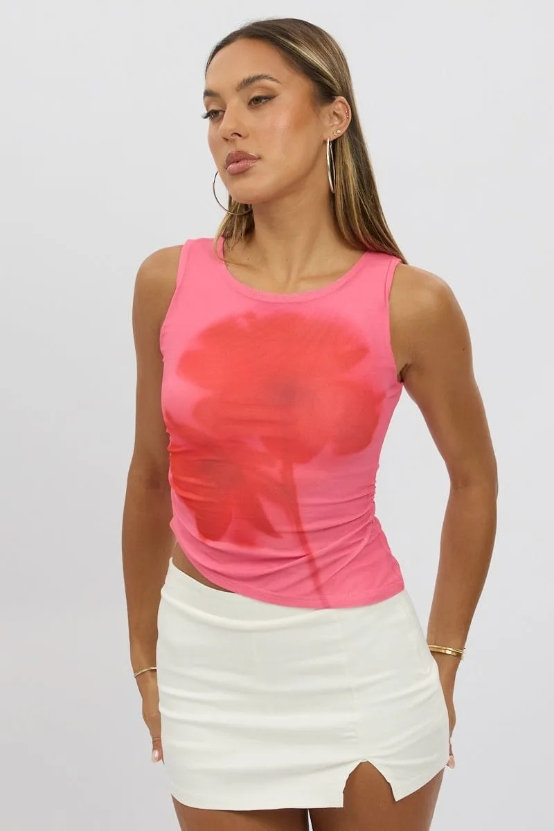 Pink Floral Mesh Tank Top Sleeveless Unbalance Hem