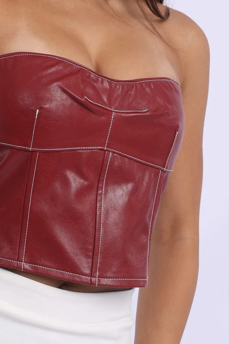 Red PU Corset Bandeau Sleeveless Sweetheart Neckline