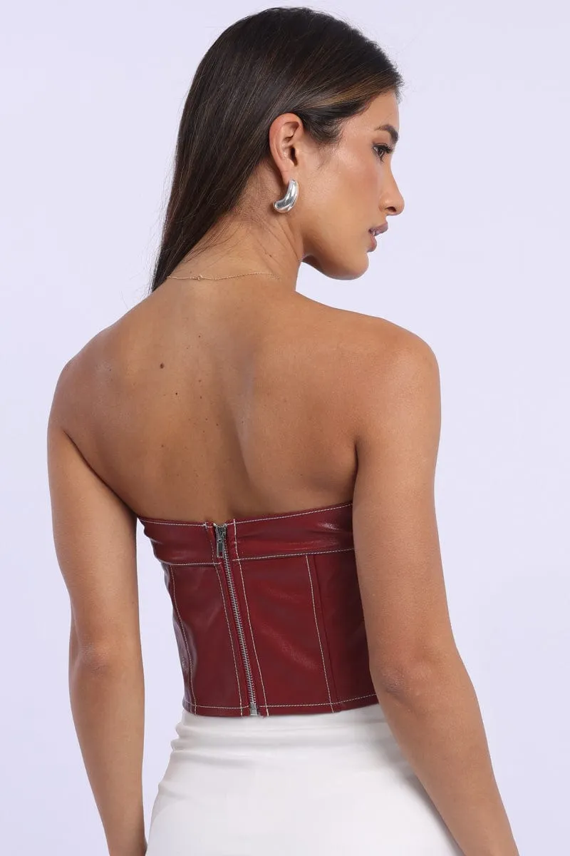 Red PU Corset Bandeau Sleeveless Sweetheart Neckline
