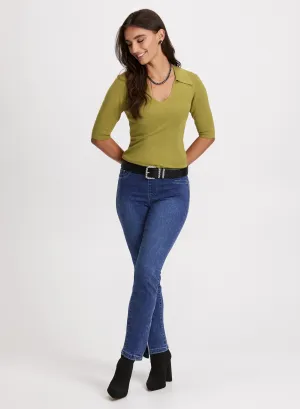 V-Neck Polo Sweater & Embellished Hem Slit Jeans