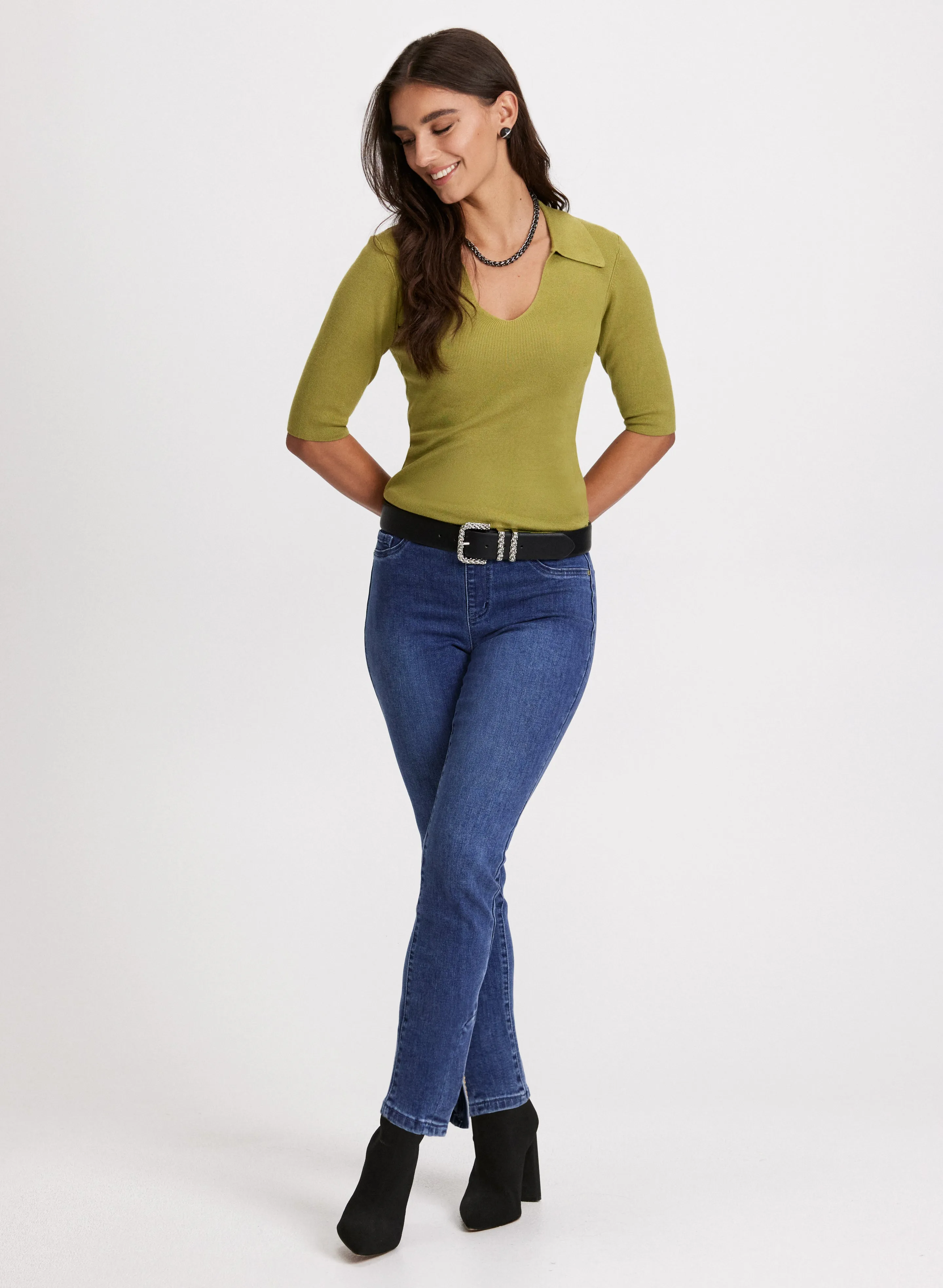 V-Neck Polo Sweater & Embellished Hem Slit Jeans