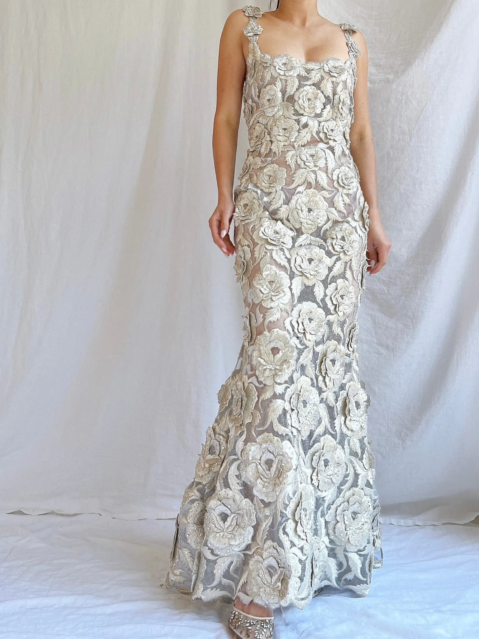Vintage Fe Zandi Couture Metallic Rose Embroidered Dress - S/4