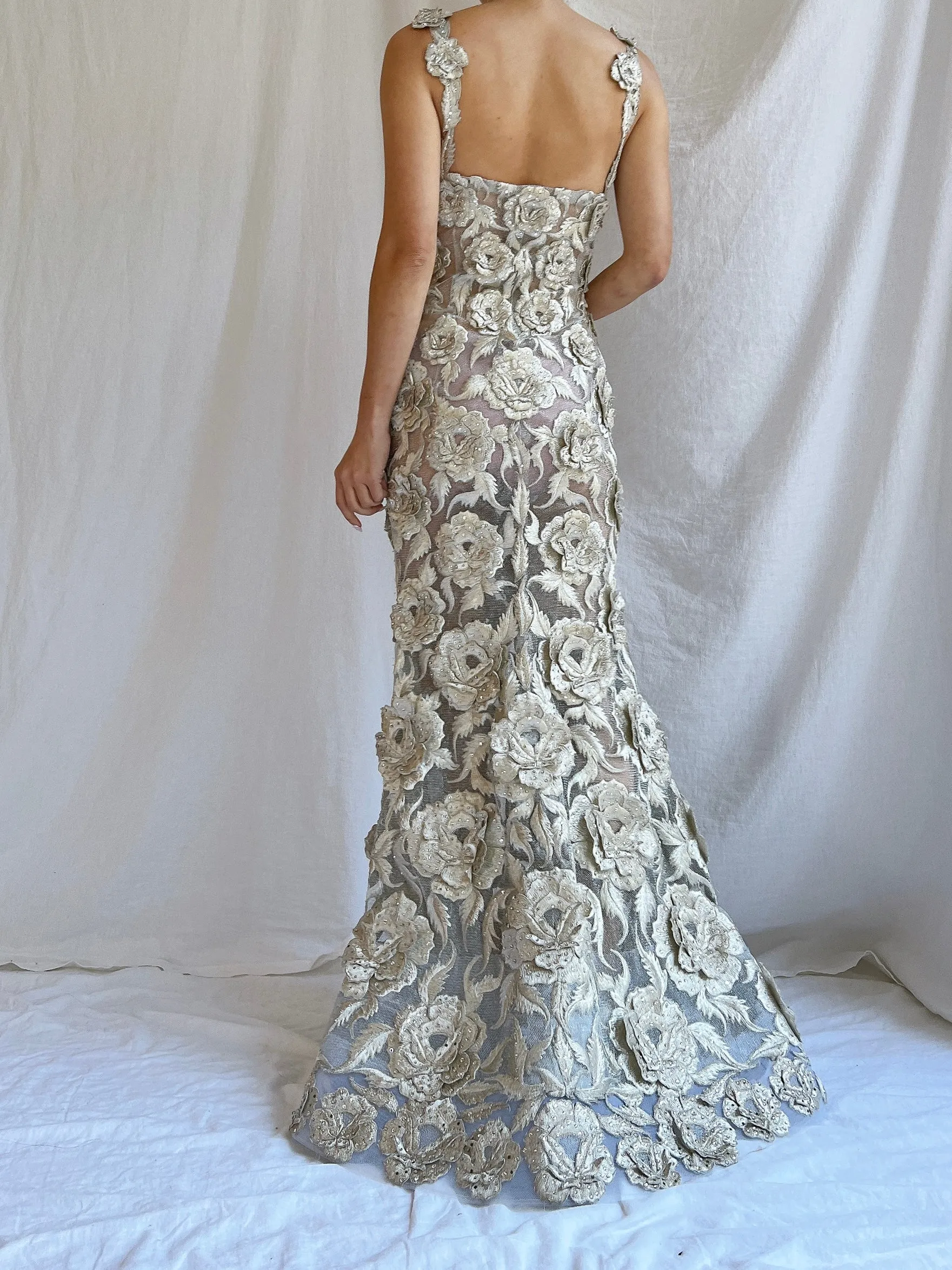 Vintage Fe Zandi Couture Metallic Rose Embroidered Dress - S/4
